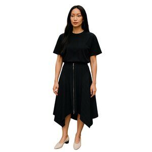 Pinko Black Pinstripe Wool Blend Asymmetrical Handkerchief Hem Zip Up Midi Skirt